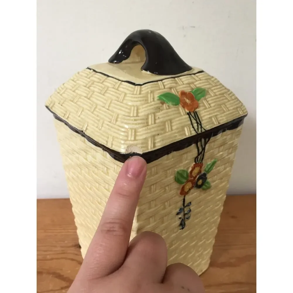 Vtg Hotta Yu Shoten Japan Japanese Basketweave Majolica Kitchen Canister Tea Jar